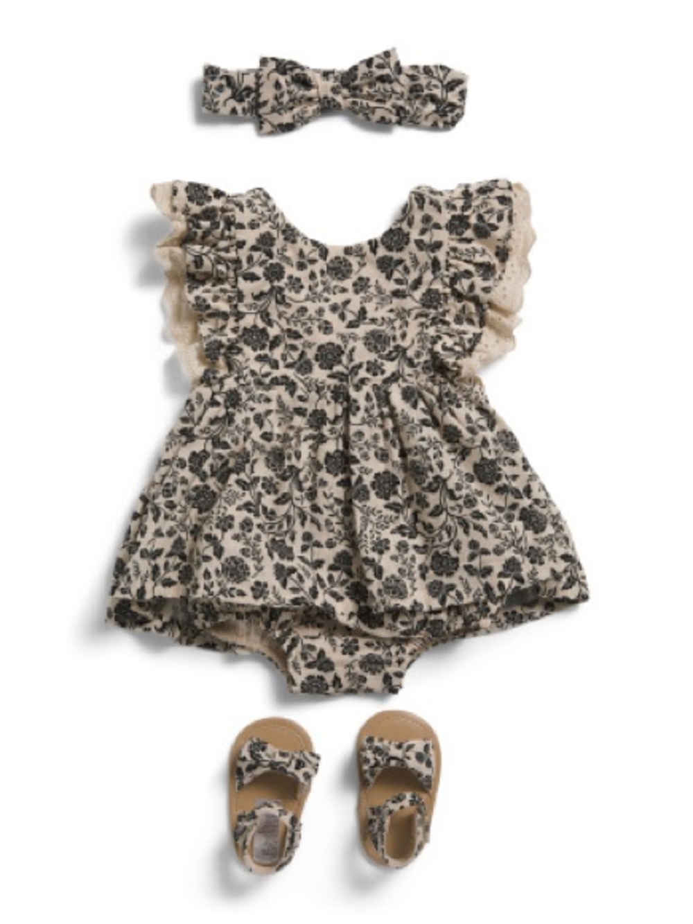 Floral Ruffle Baby Romper Set - Cream & Black